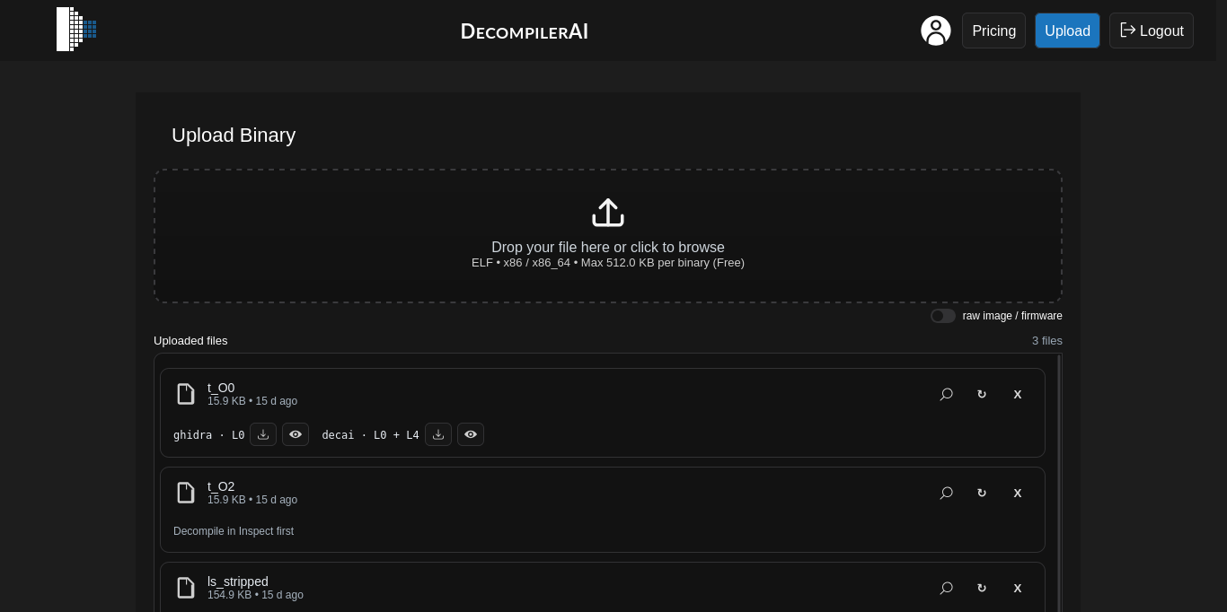 The upload page with a binary file being dragged onto the drop zone