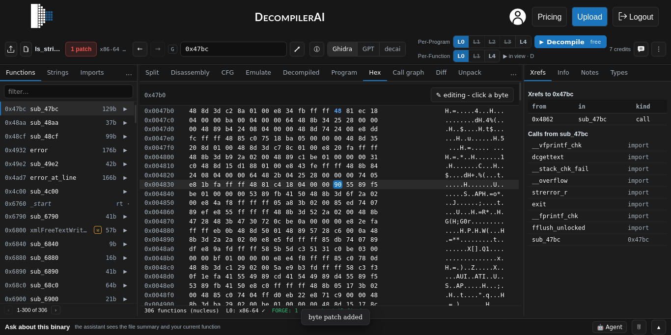 Editing a byte in the hex view, with a one patch badge shown